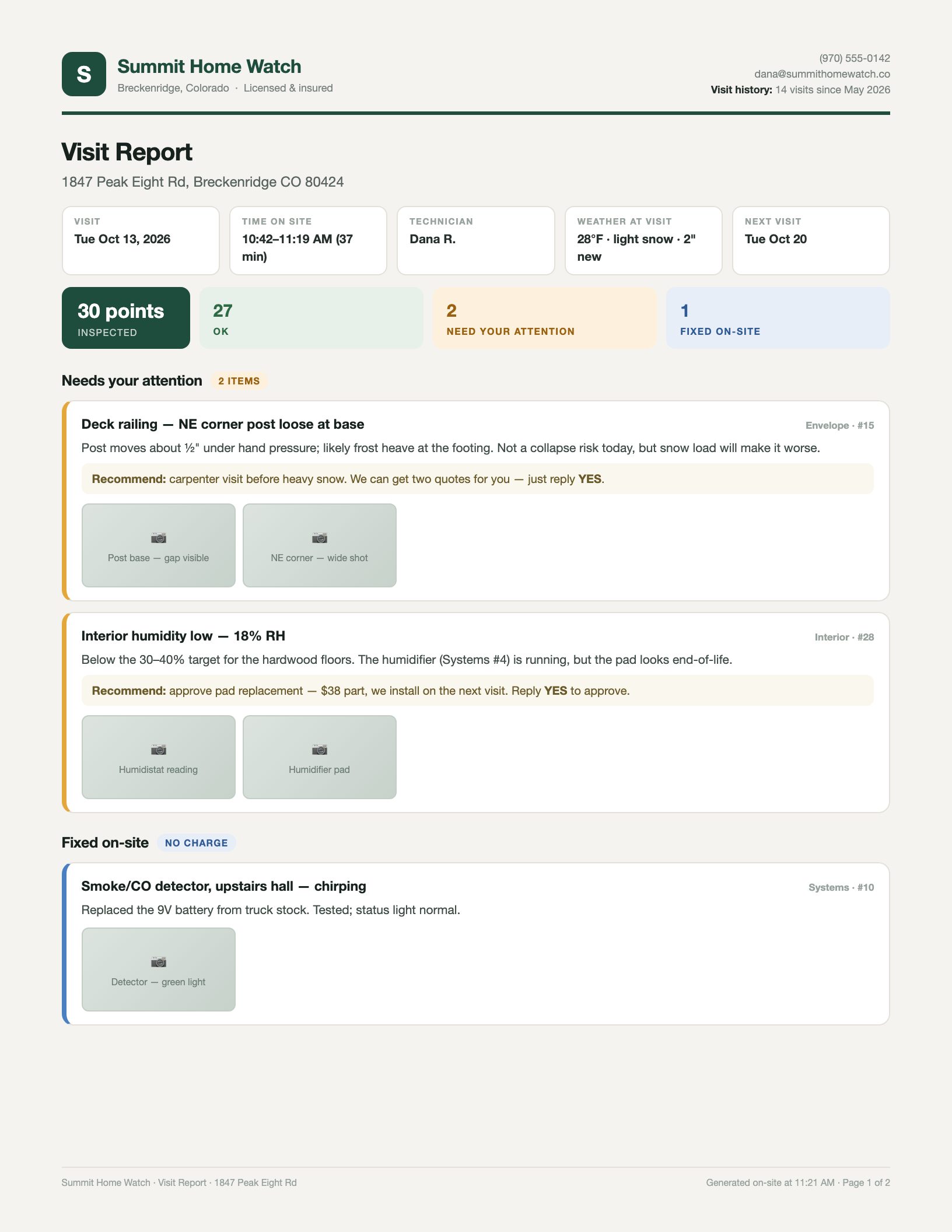 Visit Report sample, page 1: summary, checklist with statuses and photos